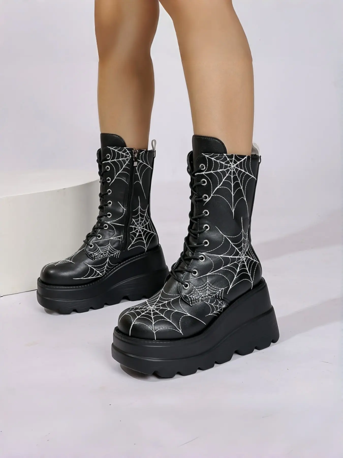 Women's Gothic Punk Spider Web Embroidered Heeled Boots, PU Leather, Rubber Sole, Ankle Height, Fashionable Halloween Boots