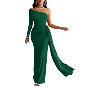 Women's Asymmetrical 1-Shoulder Formal Gown - Longsleeves Satin Material Dark Green Minimalist Evening Dress with Slit, Long Skirt Basic Womenswear,summervibes