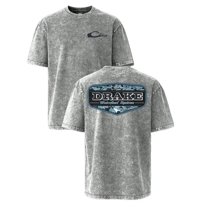 Men's Drake Waterfowl Acid Washed Cotton Camouflage T-Shirt - Oversized All-Seasons Graphic Print Duck Hunting Tee, Southern Outdoor Gift for Waterfowl Hunters