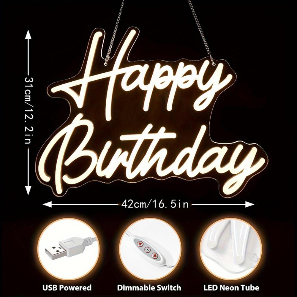USB Powered LED Neon Light, Happy Birthday Design Background Sign, Decorative LED Mood Light for Wedding, Birthday Party, Festival, Bedroom