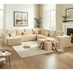 136" Sectional Cloud Couch for Living Room, Modular Floor Sofa with Plush Corduroy, No Assembly Required, Big Comfy Couches Set with Fluffy Memory Foam, Stupendous U Shaped Sofas with Chaise