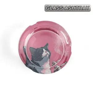 1pc Pink Glossy Round Glass Ashtray, Cool Vintage Tuxedo Black White Cat with Smoke Cloud Art Print Decorative Crystal Tray, Retro Cartoon Animal Desktop Ornament for Bedroom Bar Home Decor & Unique Gift for Cat Lovers