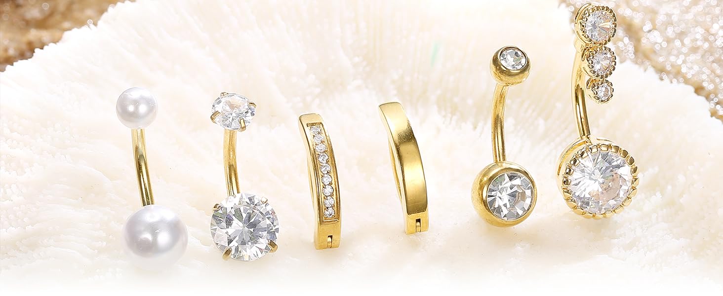 LOLIAS Silver/Gold Plated Belly Button Rings Surgical Stainless Steel Belly Rings CZ Clicker Belly Button Piercings for Women Navel Piercings Pack,Silver/Gold