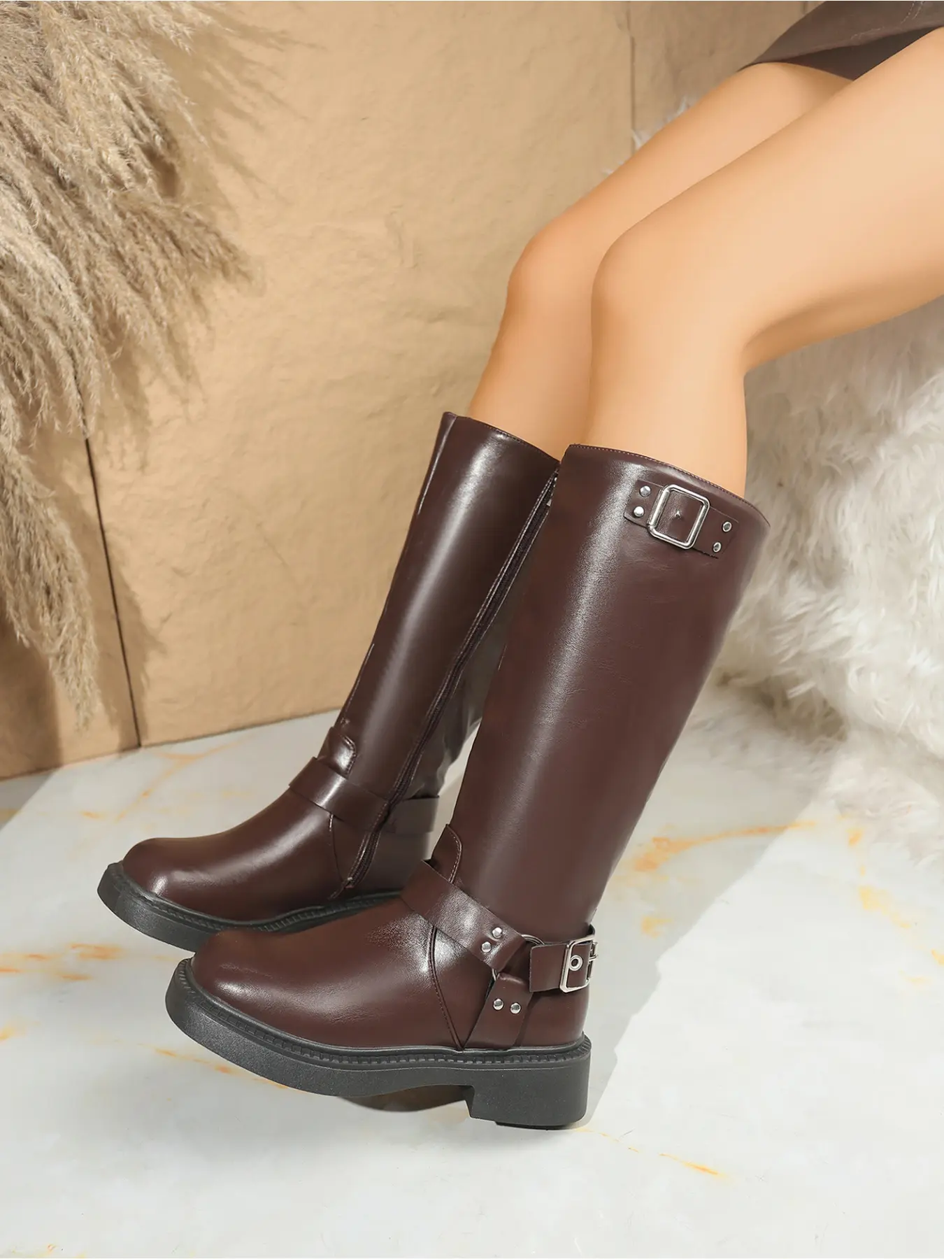 Ladies' Shoes Retro Faux Leather Biker Knee Boots, Adjustable Buckle Design Platform Tall Boots For Fall Winter Daily Wear