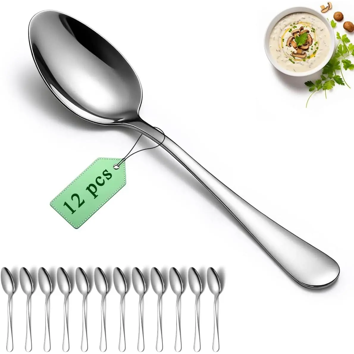 Dinner Spoons Set 12 count, 7.36" Soup Spoon   Grade Stainless Steel Silverware Spoons, Metal Tablespoon for , Kitchen or Restaurant Mirror Polished, Dishwasher Safe