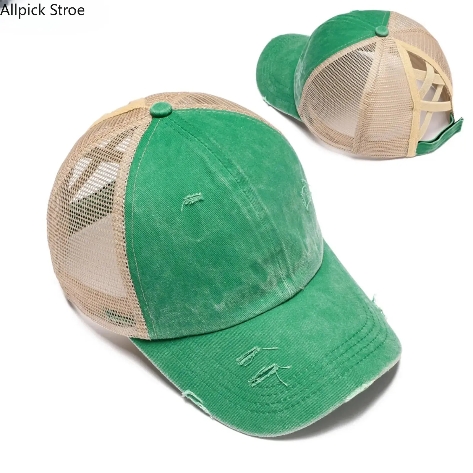 Women's Ponytail Trucker Hat with Criss-Cross Straps - Distressed Washed Mesh Baseball Cap, Adjustable for Outdoor Sports, Accessories For Women Relaxed Streetwear Hat High Quality Hat