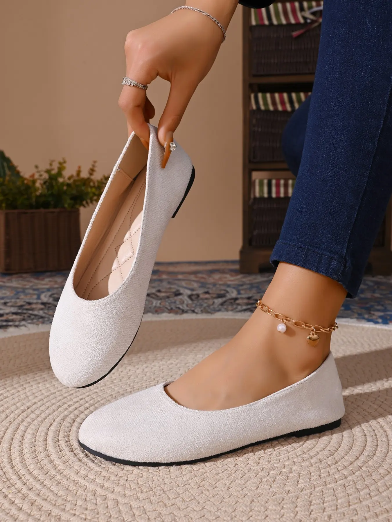 Women's Plain Textile Ballet Flats, Soft Rubber Sole, Casual Less Than Ankle Shoes, All Seasons, Versatile Low-Top Design, Slip On Flats