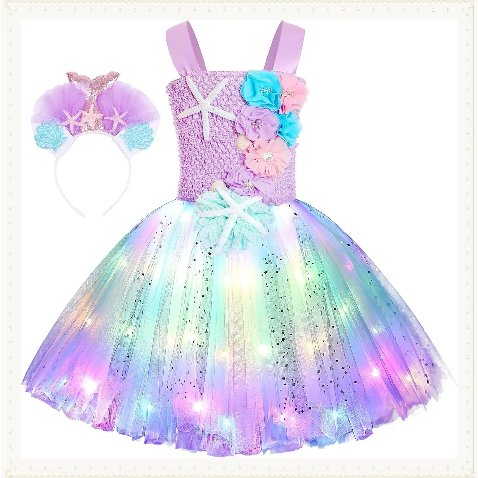 Girls Mermaid Costume Mermaid Tutu Dress Color Led Light Up for Halloween Birthday Party 3-8YearsGift