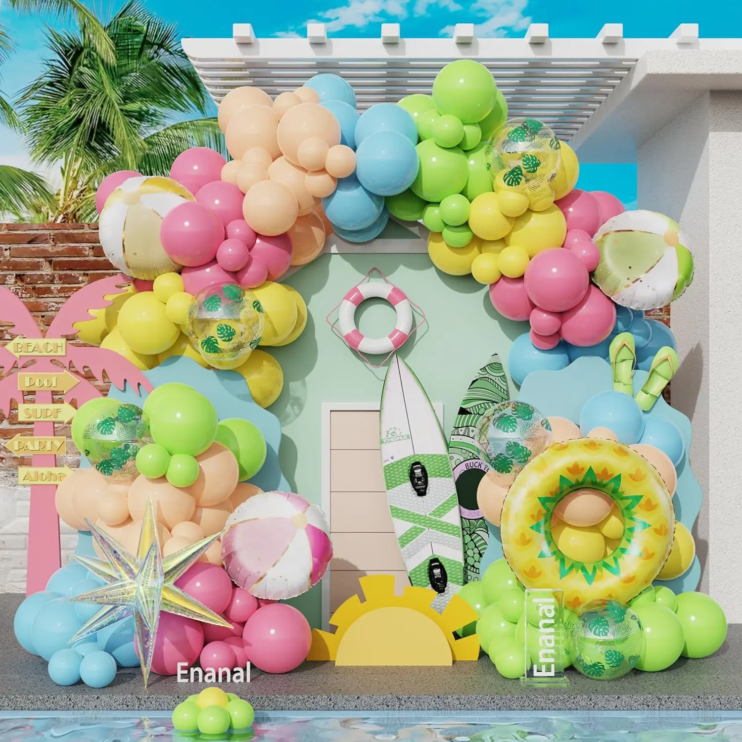 162-Piece Pastel Color Tropical Balloon Kit with Star, Transparent, Palm Foil Balloons, Beach Ball, Swimming Ring, Garland, Pump, Photo Props - Summer Pool Party Supplies for Hawaiian Luau, Birthday Celebrations