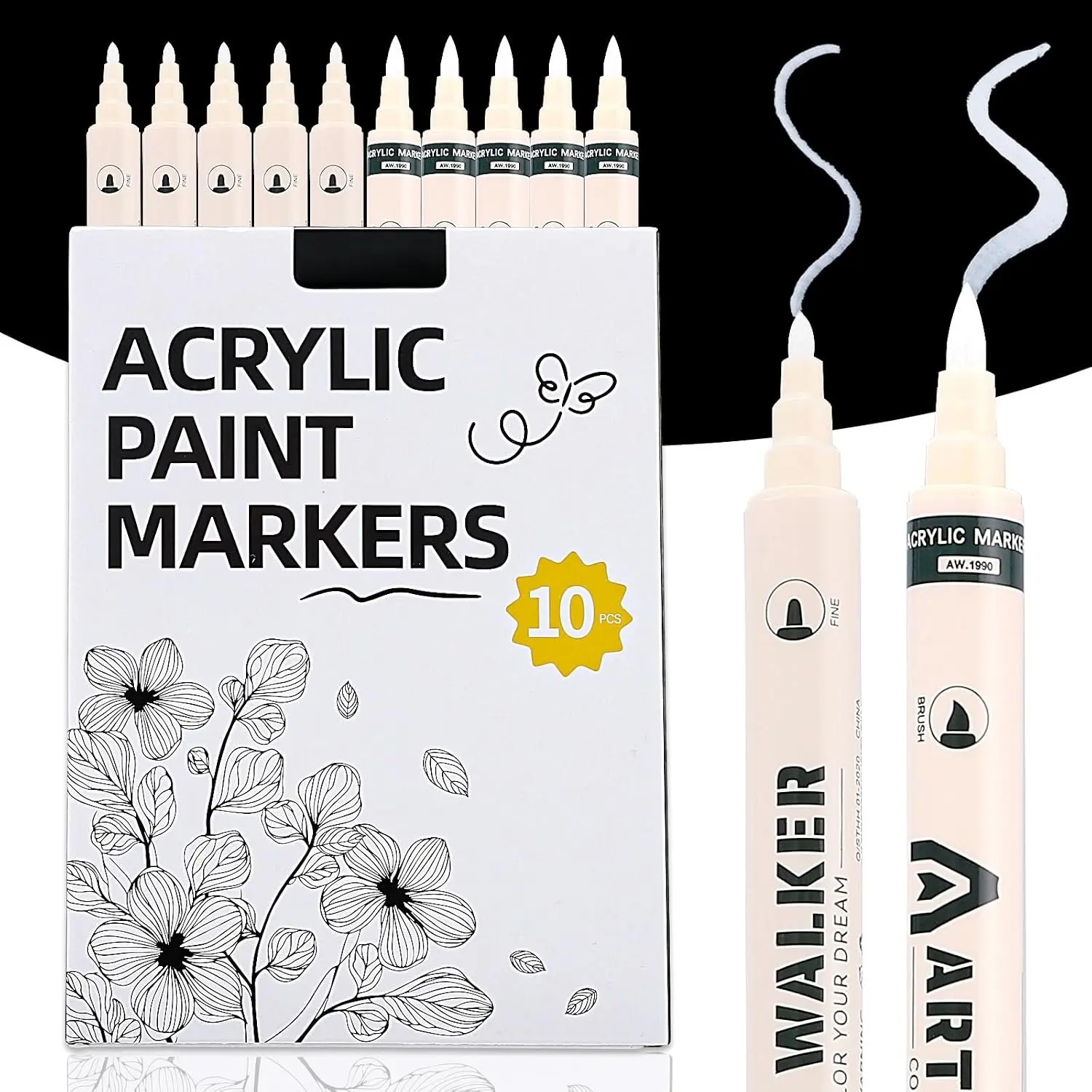 White  Markers 10 Pack,  Tip  Pens | Fine Tip + Brush Tip, Water-Based Ink, Quick-Drying, Works  , Glass, Rock, Plastic, Canvas, Fabric, Metal