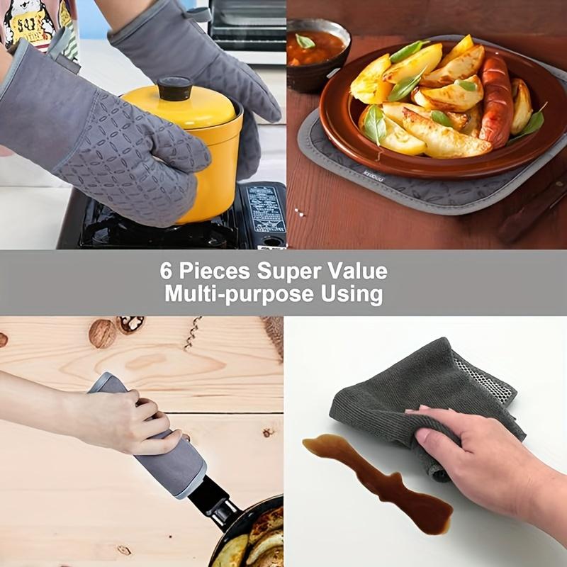 For Baking, BBQ & Daily Cooking, Kitchen Anti-scald Protection Solution, 6 Pcs Oven Mitt Set, Mitts, Pot Holders & Non-slip Towels, Effortlessly Protect Kitchen from Scald, Kitchen Protection Supplies
