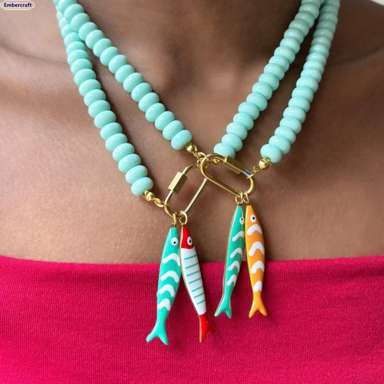 Women's Aesthetic Mint Green Beaded Necklace with Fish Pendant - Stainless Steel OT Buckle Collarbone Chain, Casual Layering Stainless Steel Jewelry, Lightweight Adjustable Beaded Chains, Daily Wear Accessory