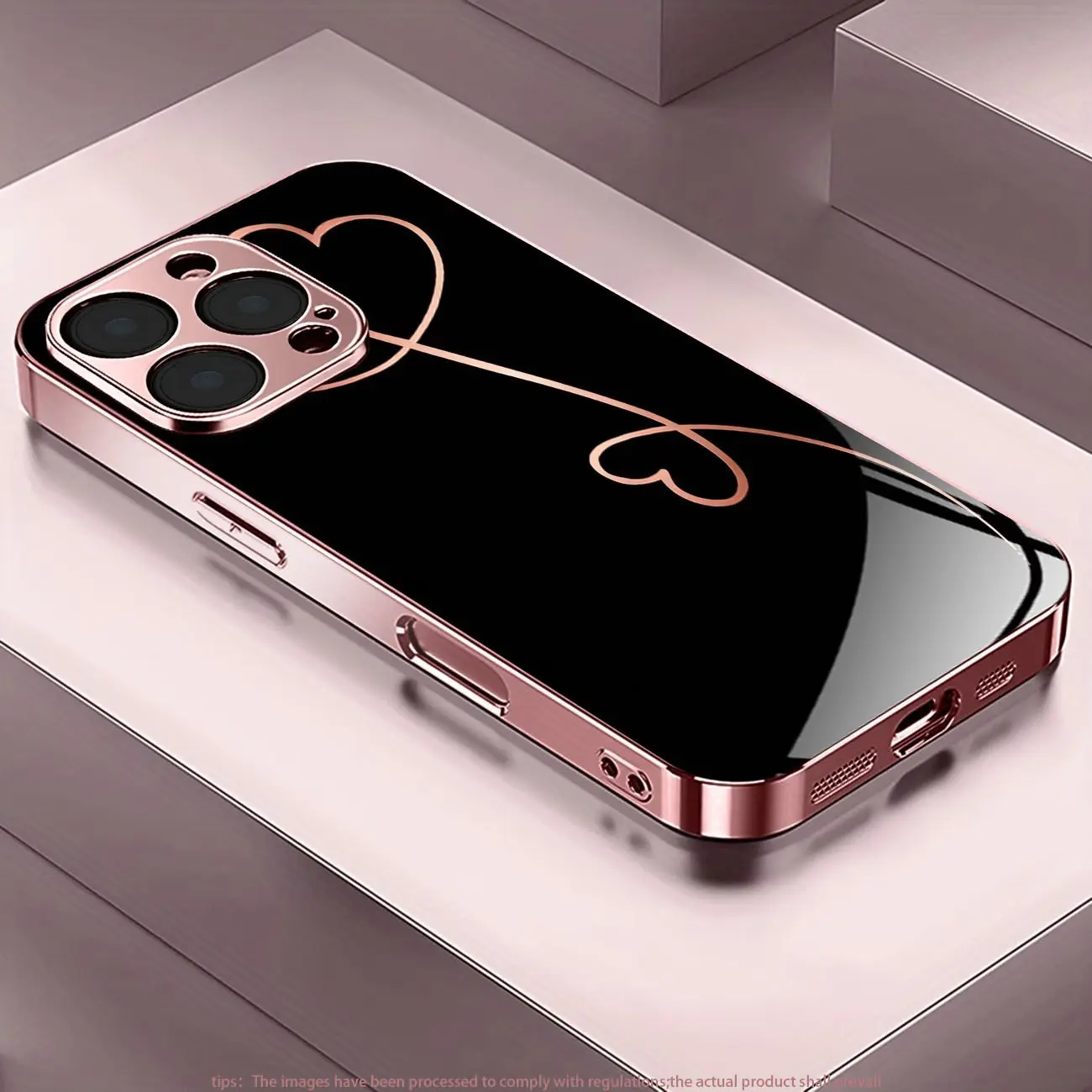 Rose Gold Line Heart Protective Smartphone Case for iPhone SE (2022)/SE (2020)/8 Plus/8/7 Plus/7/6S Plus/6S/6 Plus/6 Luxury pink glass-textured phone case