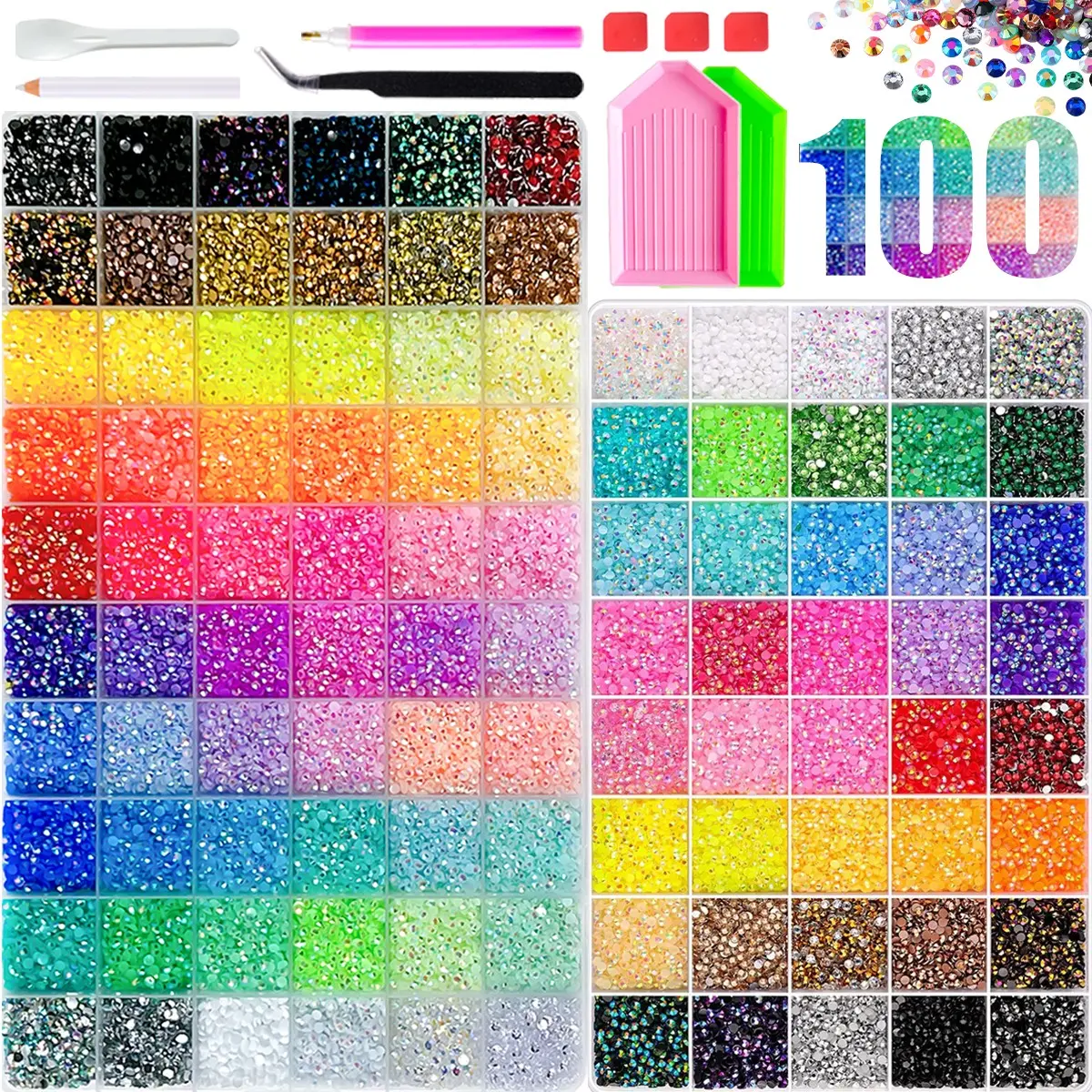 Super Deluxe Bedazzling Kit 100-Color Rainbow Full Spectrum Flatback Resin Rhinestone Set with Complete Tool Kit, Complete DIY Craft Kit for Beginners & Hobbyists All-in-One Shiny Craft Gems Supplies, Top Gift Pick for Craft Enthusiasts & Holiday Gifting