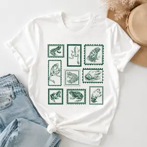 Retro Frog Graphic Tee for Women, Vintage Postage Stamp Cotton T Shirt, Boho Cottagecore Tops, T Shirts Women Summer Tops, Women's T Shirts, Summer Clothes, Women's Clothes, Capris Shaggy Shirt