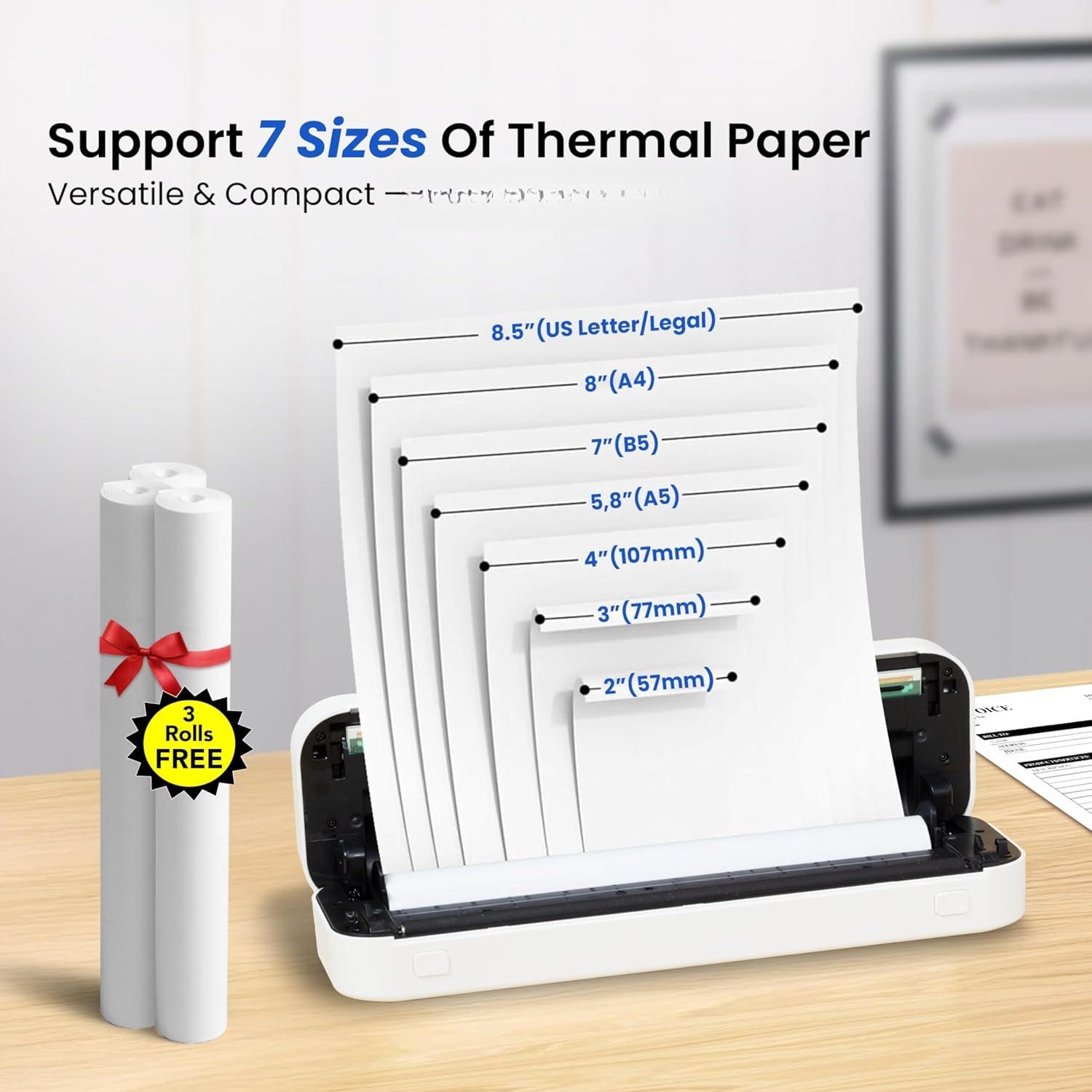 2025 Portable  Inkless Thermal Printer -  Mobile Printer for , Android, Laptop, Tablet for  and School- 8.5"x11" w/Free Shockproof Case & 3 Rolls Thermal Paper