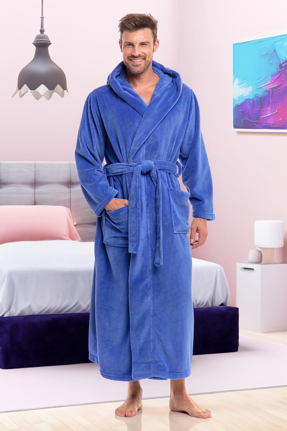 Alexander Del Rossa Mens Robe With Hood, Plush Fleece Hooded Mens Bathrobe, Big And Tall Bath Robe For Men