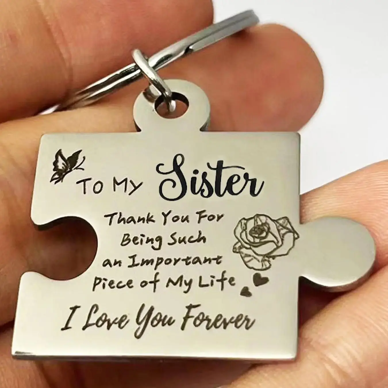 Stainless Steel Puzzle Keychain, Personalized Heart Tag with 'to My Sister' Engraving, Unisex Fashion Accessory, Gift for Sisters