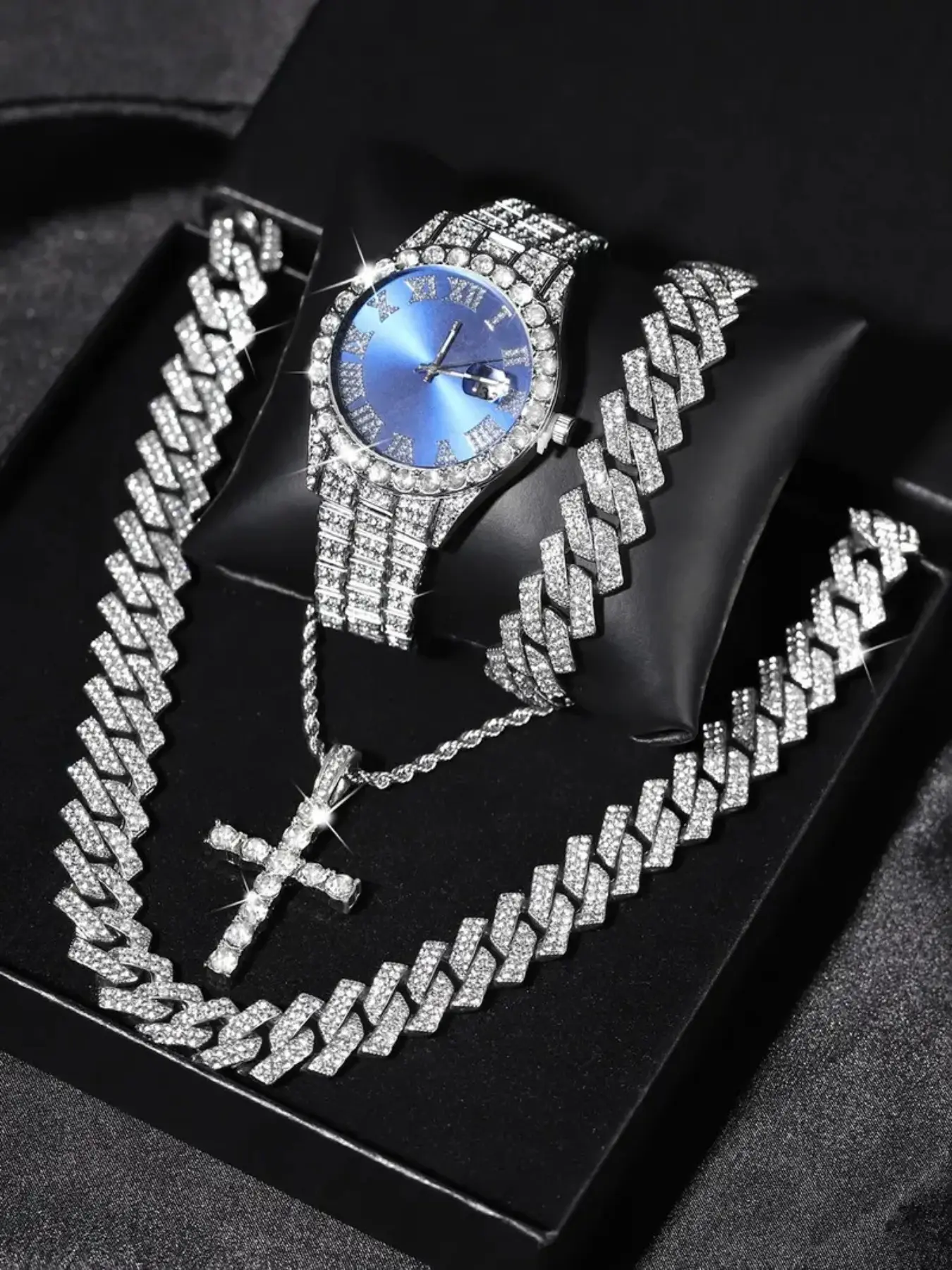 Luxury punk style watch set, including necklace, bracelet, cross pendant, quartz analog movement, gift box packaging suitable for both men and women, suitable for all seasons, fashionable jewelry set, Exquisite Watch Set, Trendy Watch Set