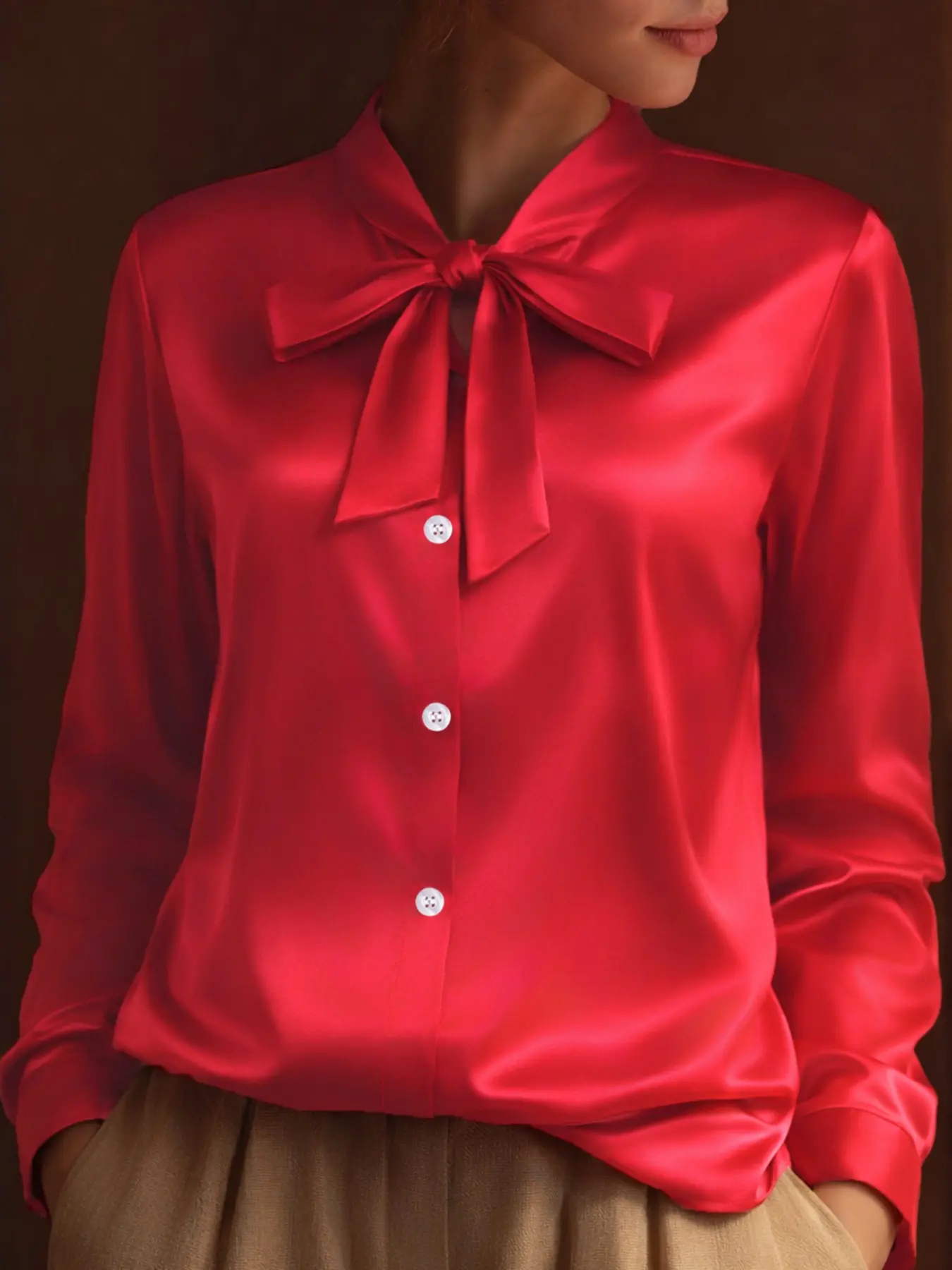 New arrival. Large-sized elegant, solid-colored Smooth satin top blouse for women, long sleeves, single-button design – perfect for wearing throughout the seasons.
