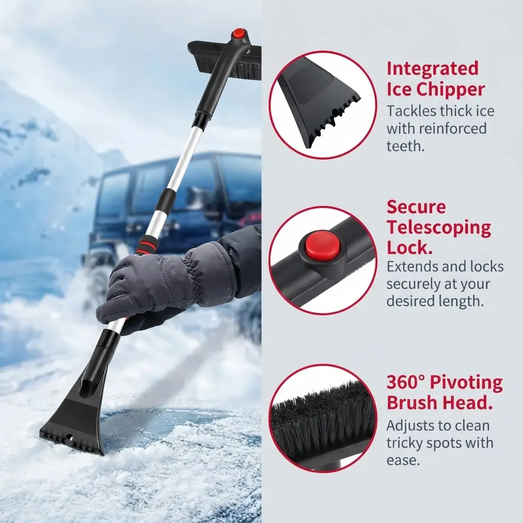 Extendable Car Snow Shovel, 41.5 Inch Adjustable Detachable Snow Broom with Ice Scraper, Durable ABS Winter Windshield Snow Removal Tool, Multi‑Function Auto Accessory for Family Use