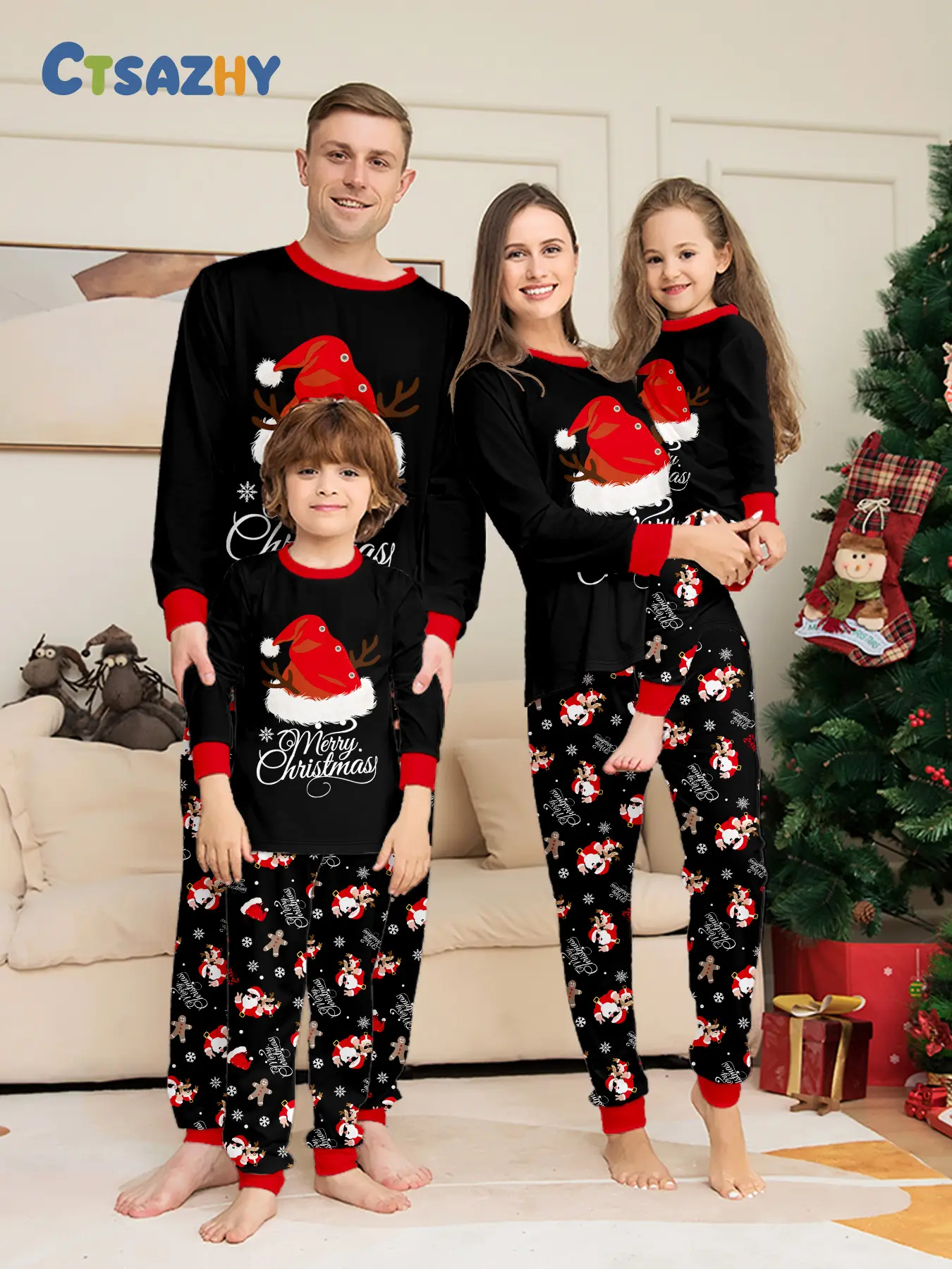 Matching Family Christmas Long Sleeve Pajama Set, Matching Outfits for Adults & Kids, Color Block Cuffed Loungewear, Couple & Family Matching Sleepwear, Color Contrast Raglan Sleeve Xmas Family PJs, Soft Comfy Home Wear for Families of 3 or 4