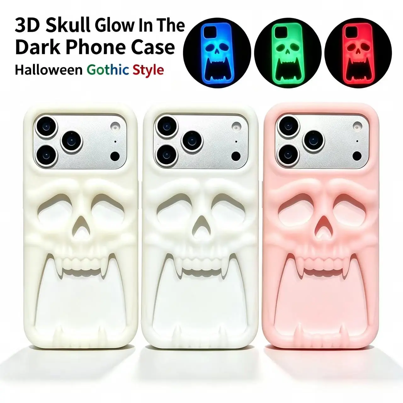 3D funny, hollow skull silicone glow-in-the-dark phone case compatible with iPhone 18 Pro Max, 17 Pro Max case, 16 Pro/15/14/13 Pro Max breathable, heat-dissipating soft shell, 15/14 Pro shock-resistant case, Halloween Gothic style.