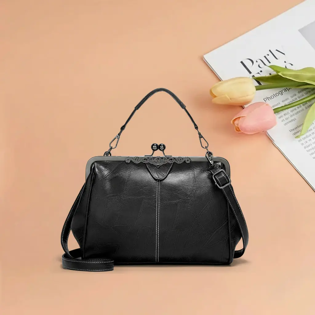Women's Vintage PU Crossbody Bag, Large Capacity Kiss Lock Shoulder Bag, Crossbody Bags For Women, Bags For Women