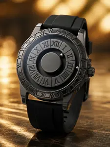 Cold Tone Round Quartz Watch, Vintage Roman Numerals, Layered Dial, Resin Case, Analog Movement, Four Seasons Wear, Unique Fashion Accessory