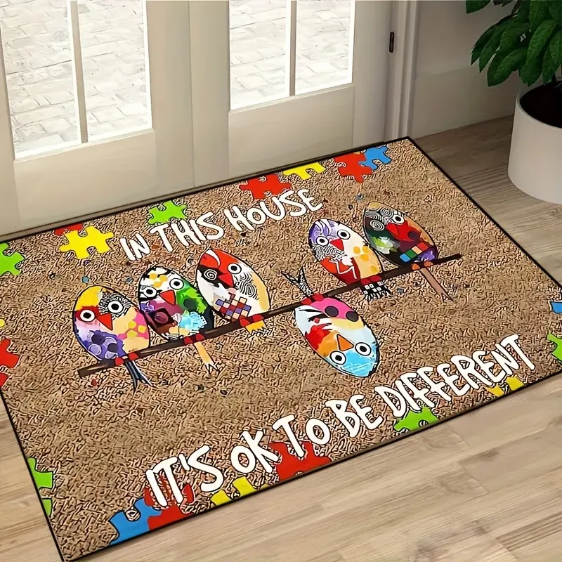 Autism Puzzle Colorful Bird Print Velvet Area Rug, Non Slip Inspirational Quote Floor Mat, "It's Ok To Be Different" Decor Carpet, Washable Rug for Living Room Bedroom