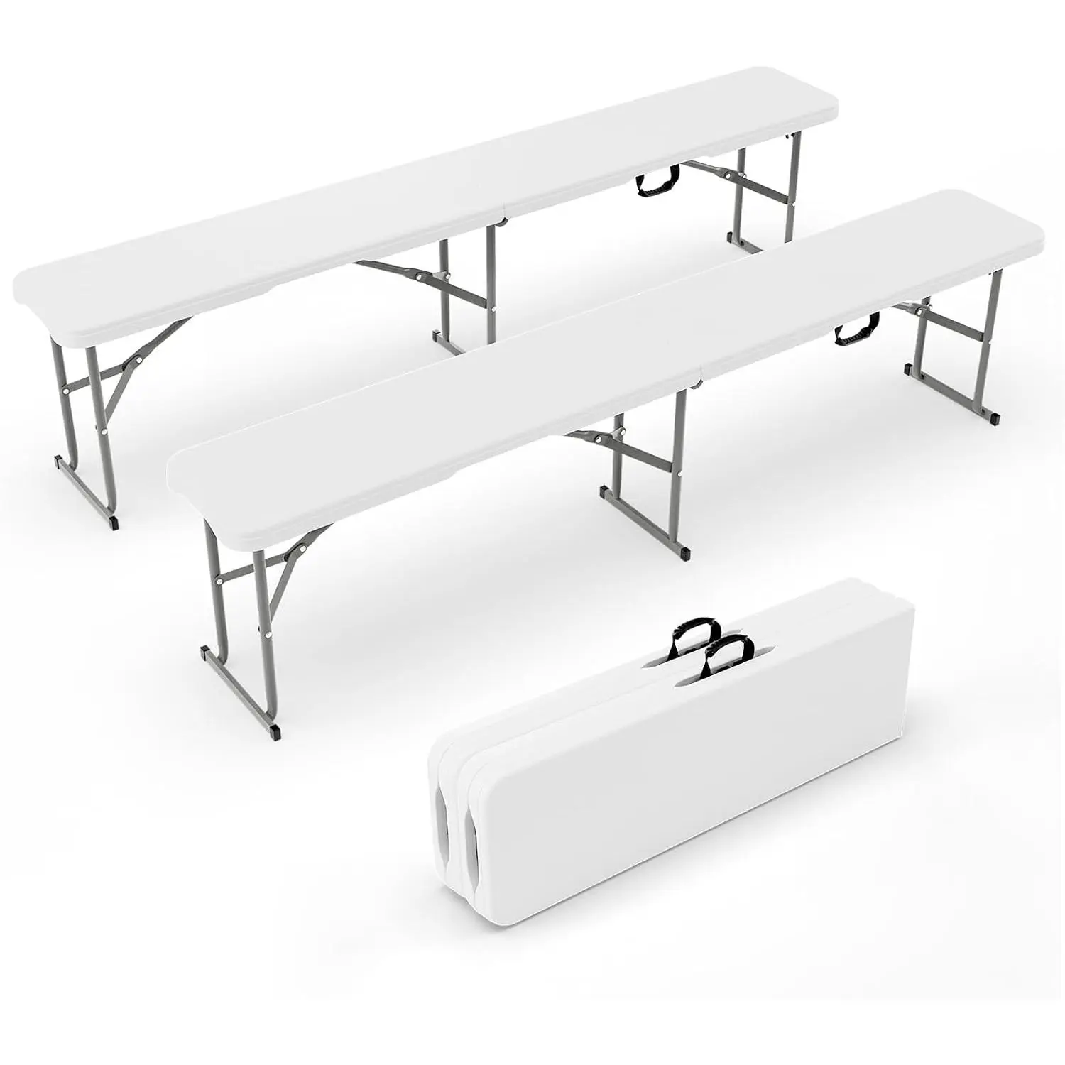 6 feet Plastic Folding Bench,Portable in/Outdoor Picnic Party Camping Dining Seat, Garden Soccer Multipurpose Entertaining Activities, Smooth HDPE Tabletop (2, White, 6ft)