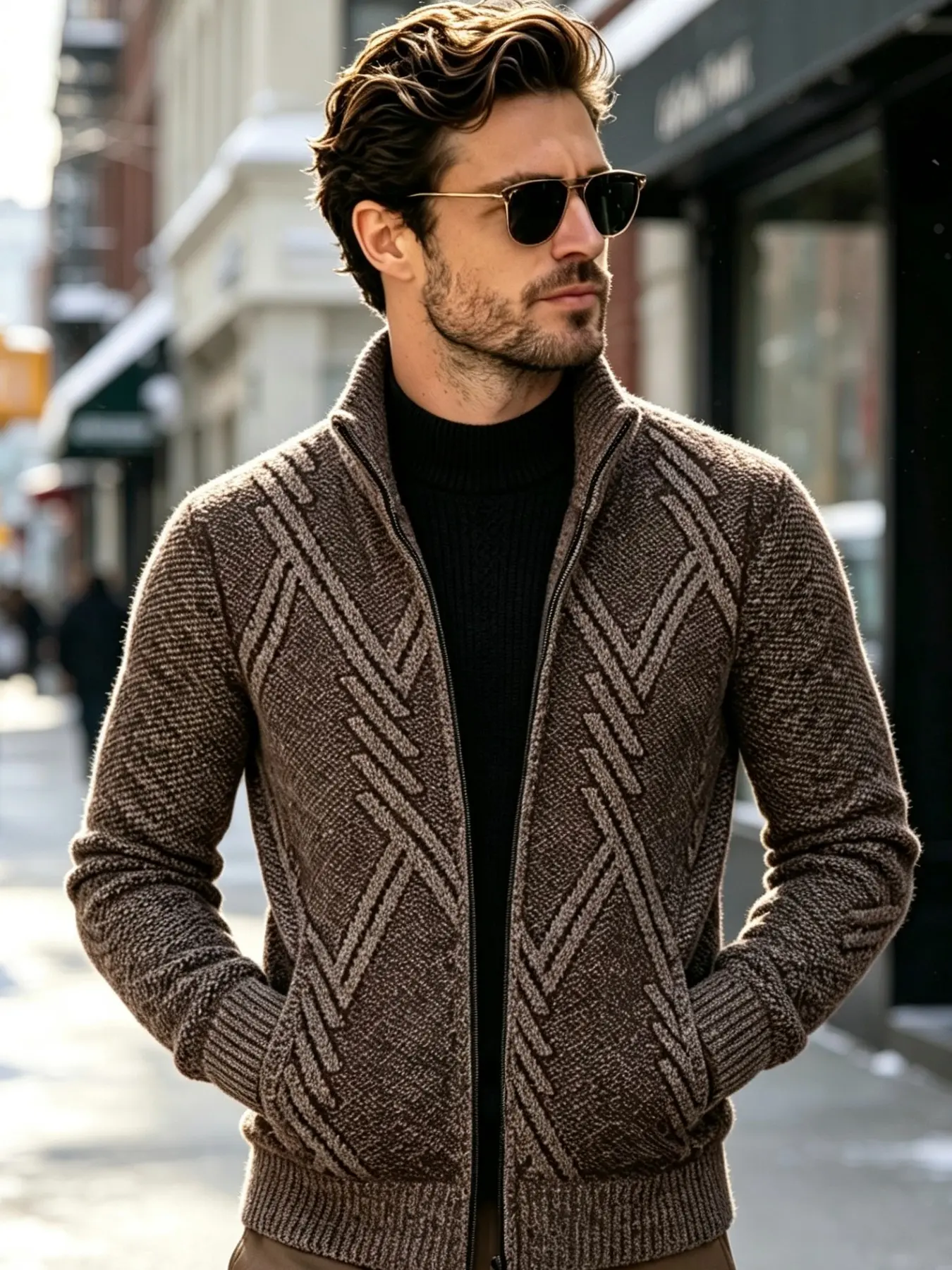 Men's Stand Collar Zipper Knit Cardigan Coat, Fleece Lined Thermal Sweater, Classic Geometric Jacquard Pattern, Casual Winter Top, Business Daily Streetwear, Slim Fit