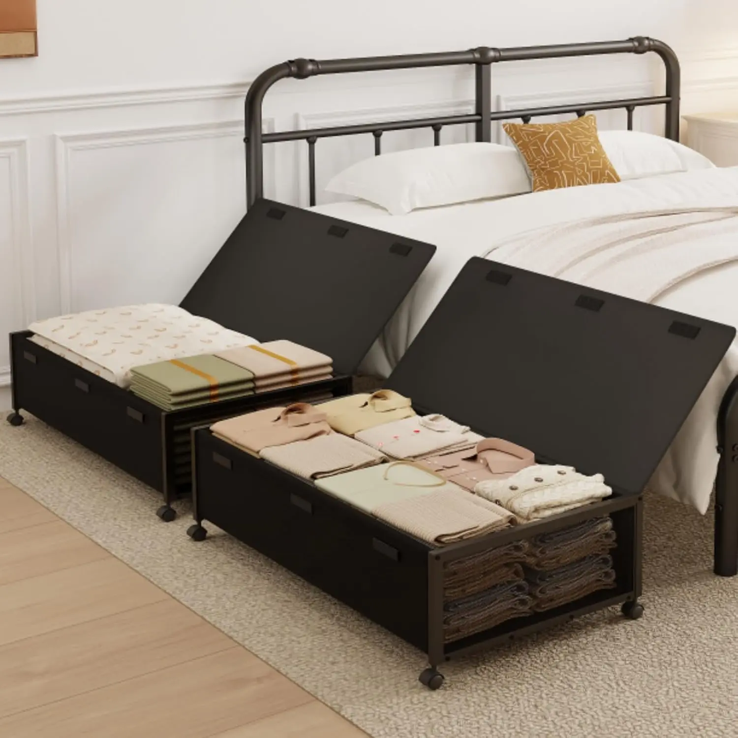 2 Pack Under the Bed Storage Containers,10 inch Height Under Bed Shoe Storage,31inch Long Underbed Storage with Wheels,Large Rolling under bed Clothes Storage Drawers with Lid for Dorm Tall ,Black