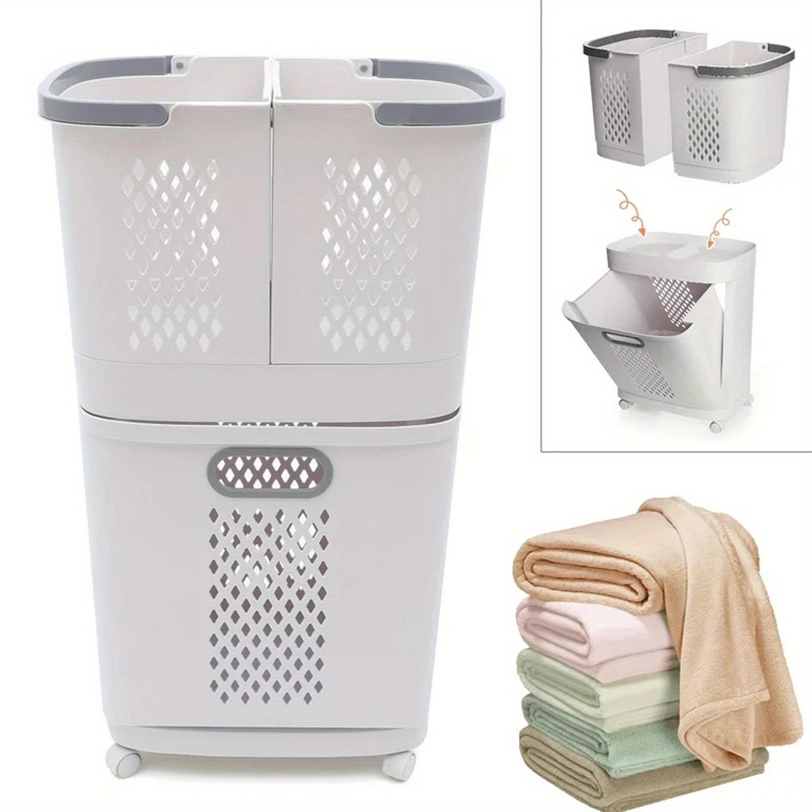 Removable Household Laundry Basket with Wheels, Bathroom Laundry Basket, 2-Layer Rolling Laundry Basket White