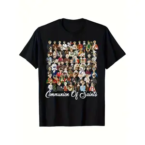Communion Of Saints All Catholic Saints Group Portrait Graphic Crew Neck Tee for Men, Vintage Religious Holy Saints Multi-Character Collage Print Short Sleeve Casual Pullover T-shirt, Faith Believer Regular Fit Knit Top, Slight Stretch Casual Streetwear O