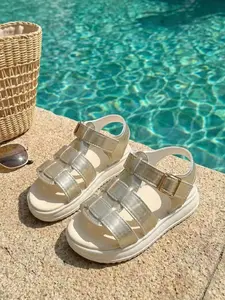 Summer Flat Thick Sole Sandals, Multi-Strap Solid Color Roman Sandals, Metal Square Toe Decor, Velcro Beach Sandals, Pool Party, Vacation, School