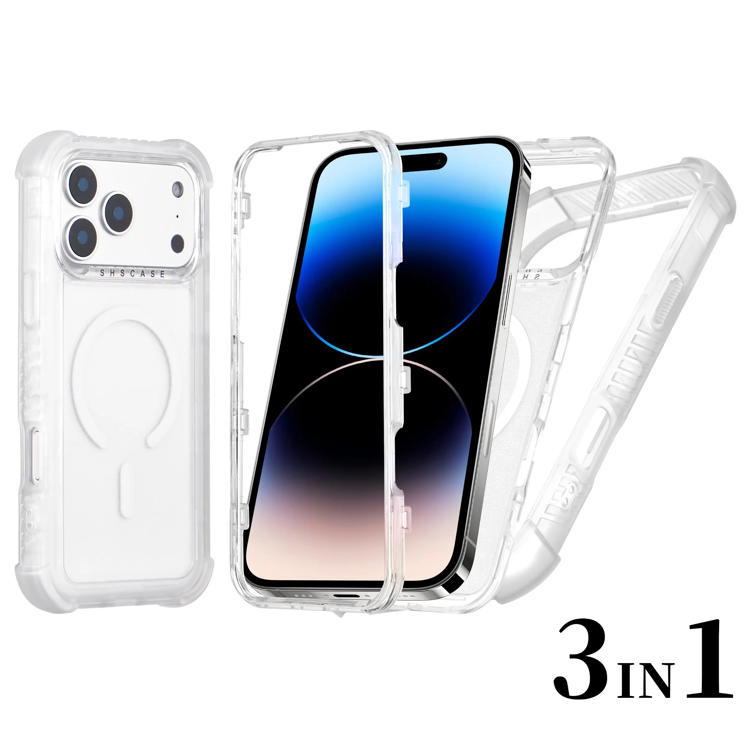 Magnetic Phone Case 3 in 1, Clear Shockproof Bumper, Wireless Charging Compatible, Protective Case for iPhone 17 Pro Max, Smartphone Accessories