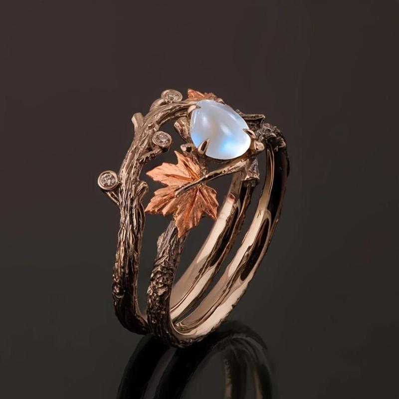 2-Piece Elegant Maple Leaf Statement Ring Set with Blue Stone Rose Golden Plating Vintage Quality Women’s Jewelry for Daily Wear Birthdays Valentine’s Day Christmas