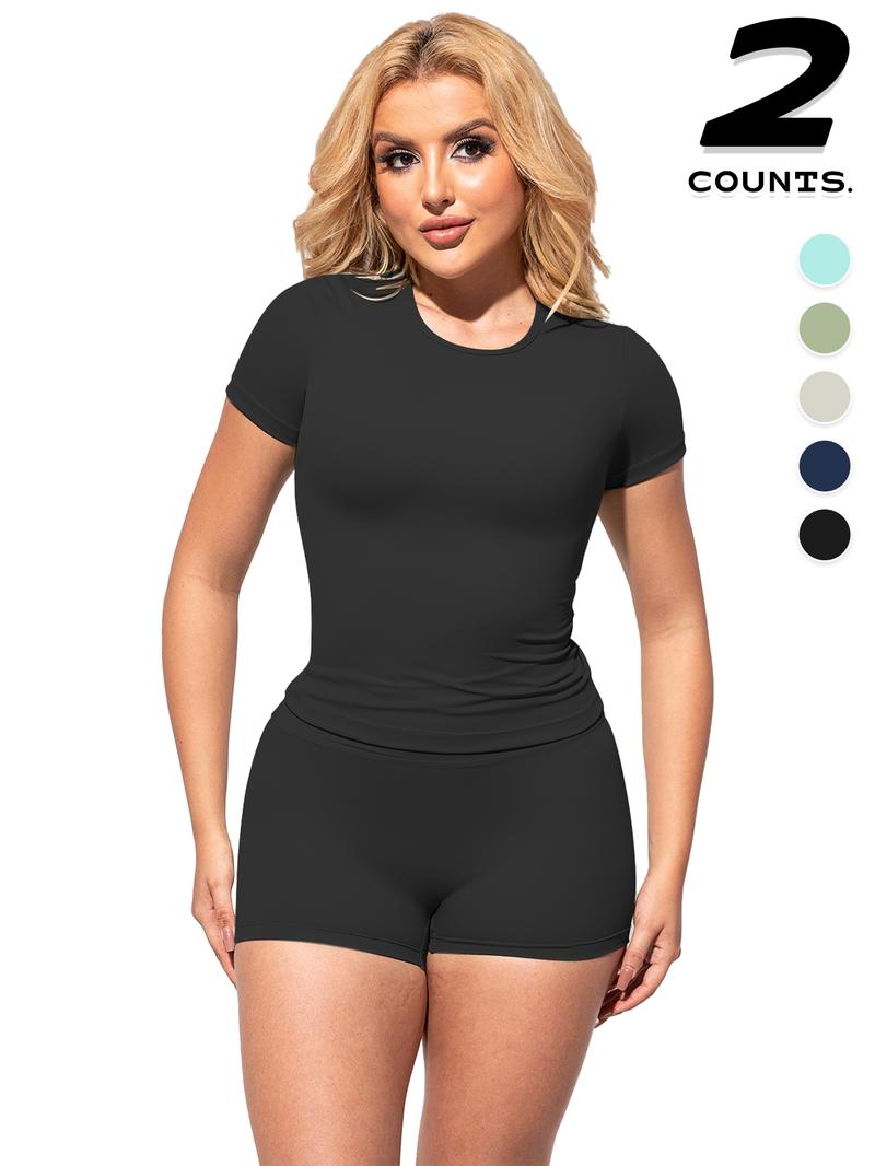 2PCSWomen's Solid Color Short Sleeve Tee & Shorts Set, Breathable Gym Yoga Running, Training Clothes, Comfortable Sportswear for Women
