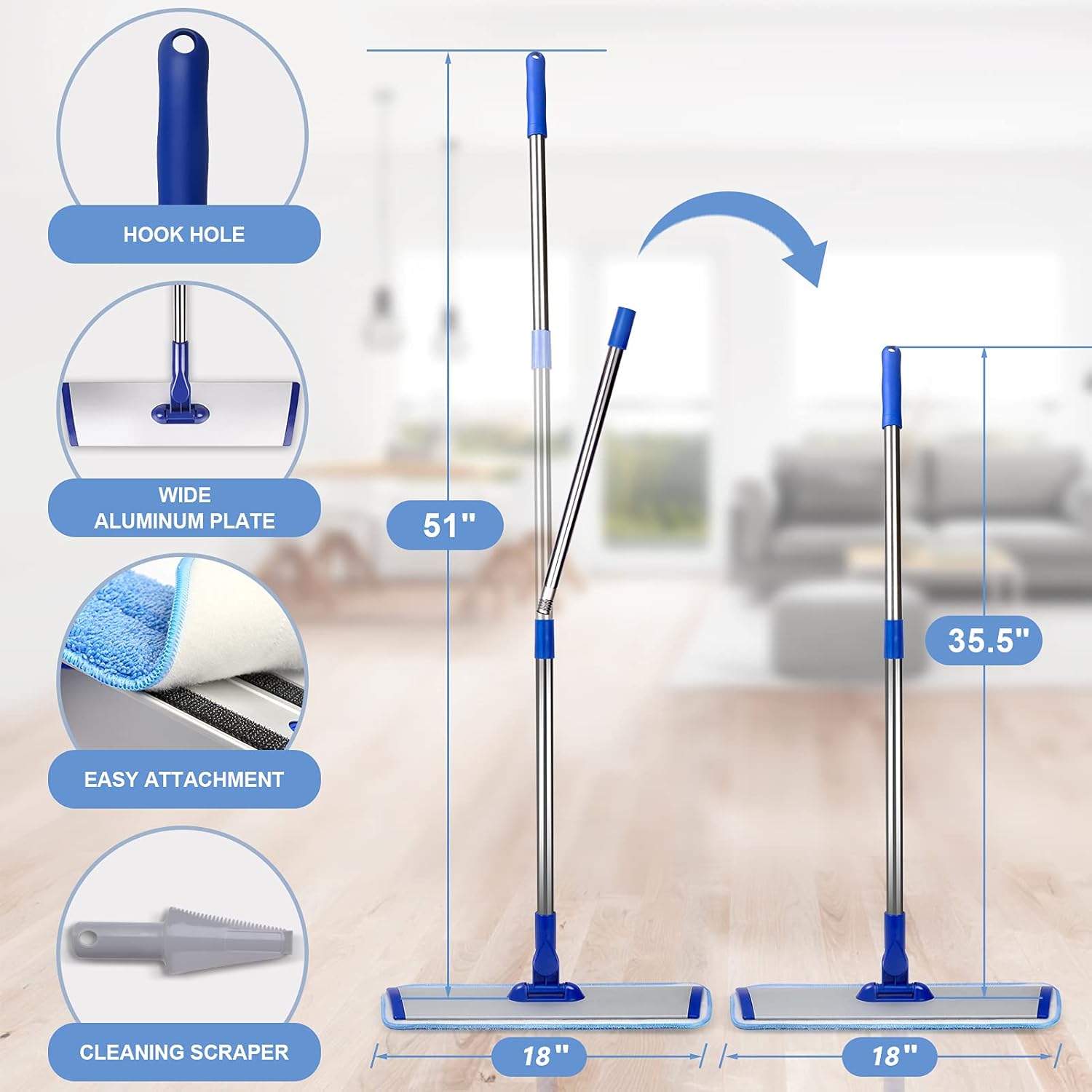 18" Professional Microfiber Mop Floor Cleaning System, Flat Mop with Stainless Steel Handle, 4 Washable Mop Pads, Wet and Dust Mopping for Hardwood, Vinyl, Laminate, Tile Cleaning 18" Professional Microfiber Mop Floor Cleaning System, Flat Mop with Stainless Steel Handle, 4 Washable Mop Pads, Wet and Dust Mopping for Hardwood, Vinyl, Laminate, Tile Cleaning