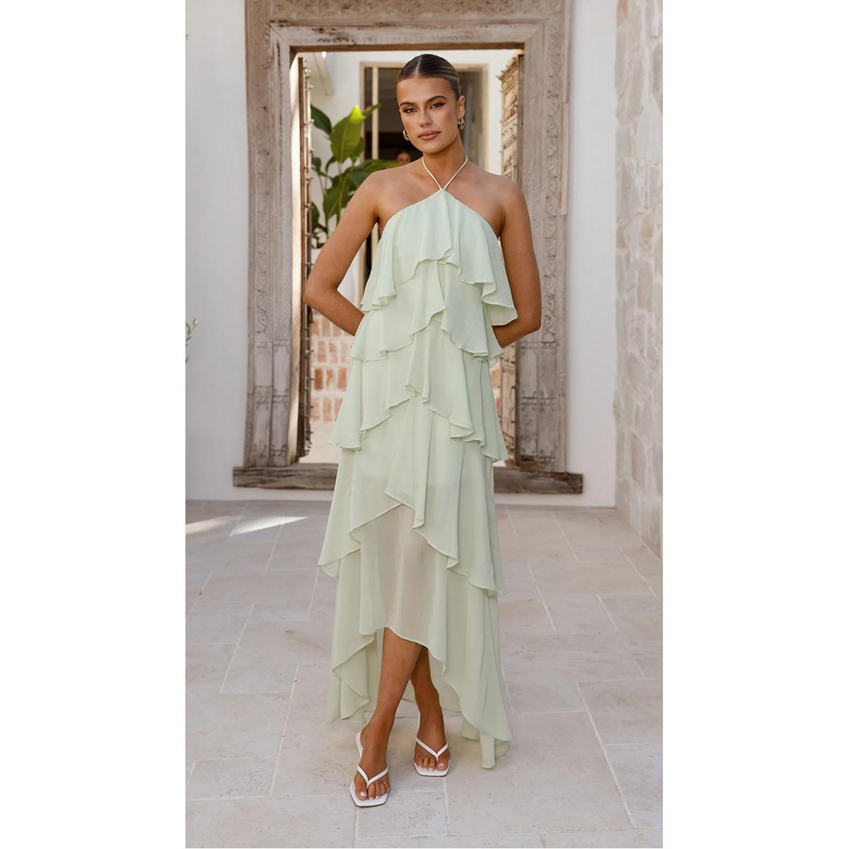 Women's Summer Frill Halter Neck Flowy Chiffon Sundress A-Line Tiered Ruffle Long Maxi Formal Wedding Dress