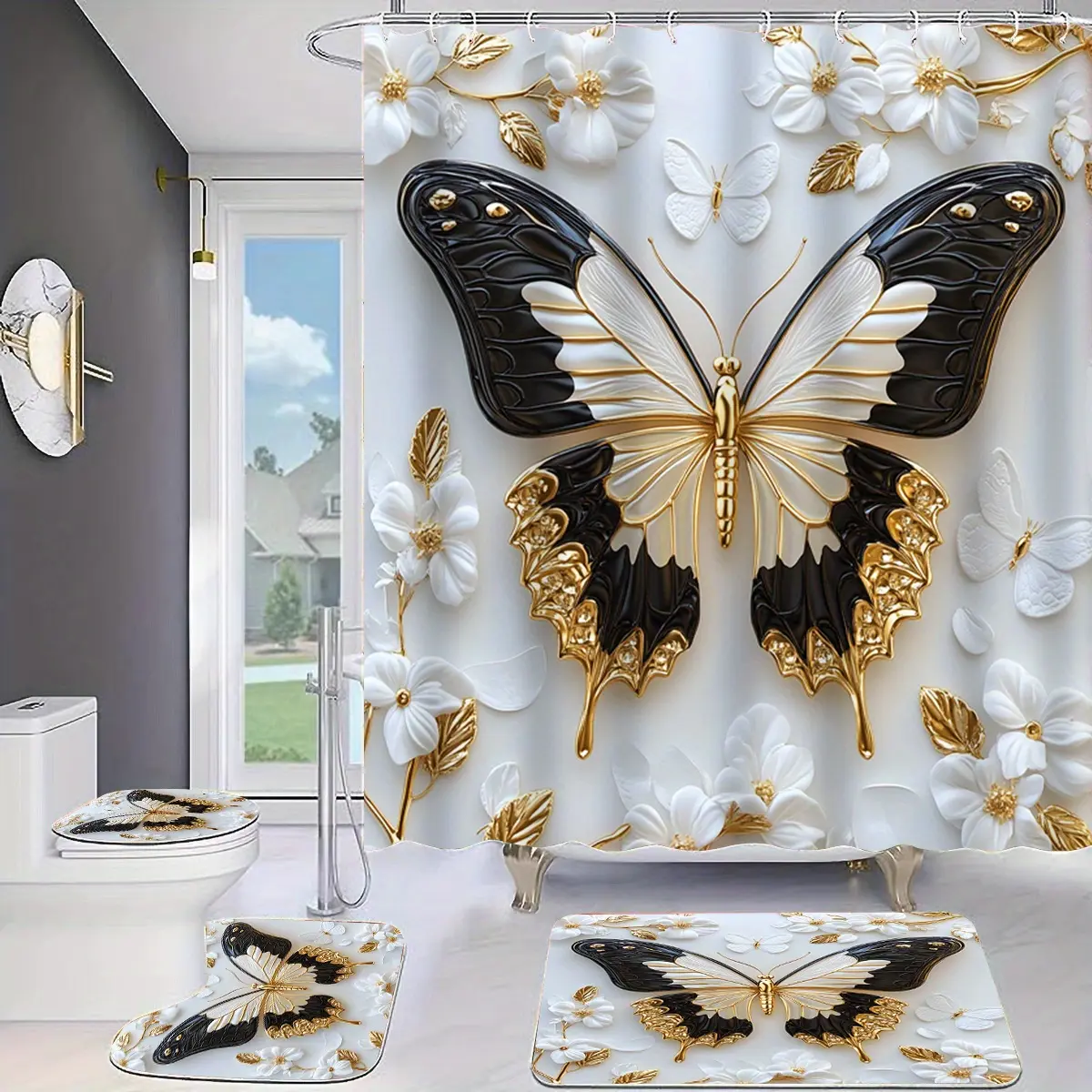 Black Gold Butterfly Shower Curtain Set, Shower Curtain Set For Bathroom, Soft Thick Fabric Featuring a 3D-Style Butterfly with Golden Accents and White Florals, Bath Mats for Comfort, Perfect for Valentine’s Day or Romantic Wedding Suites