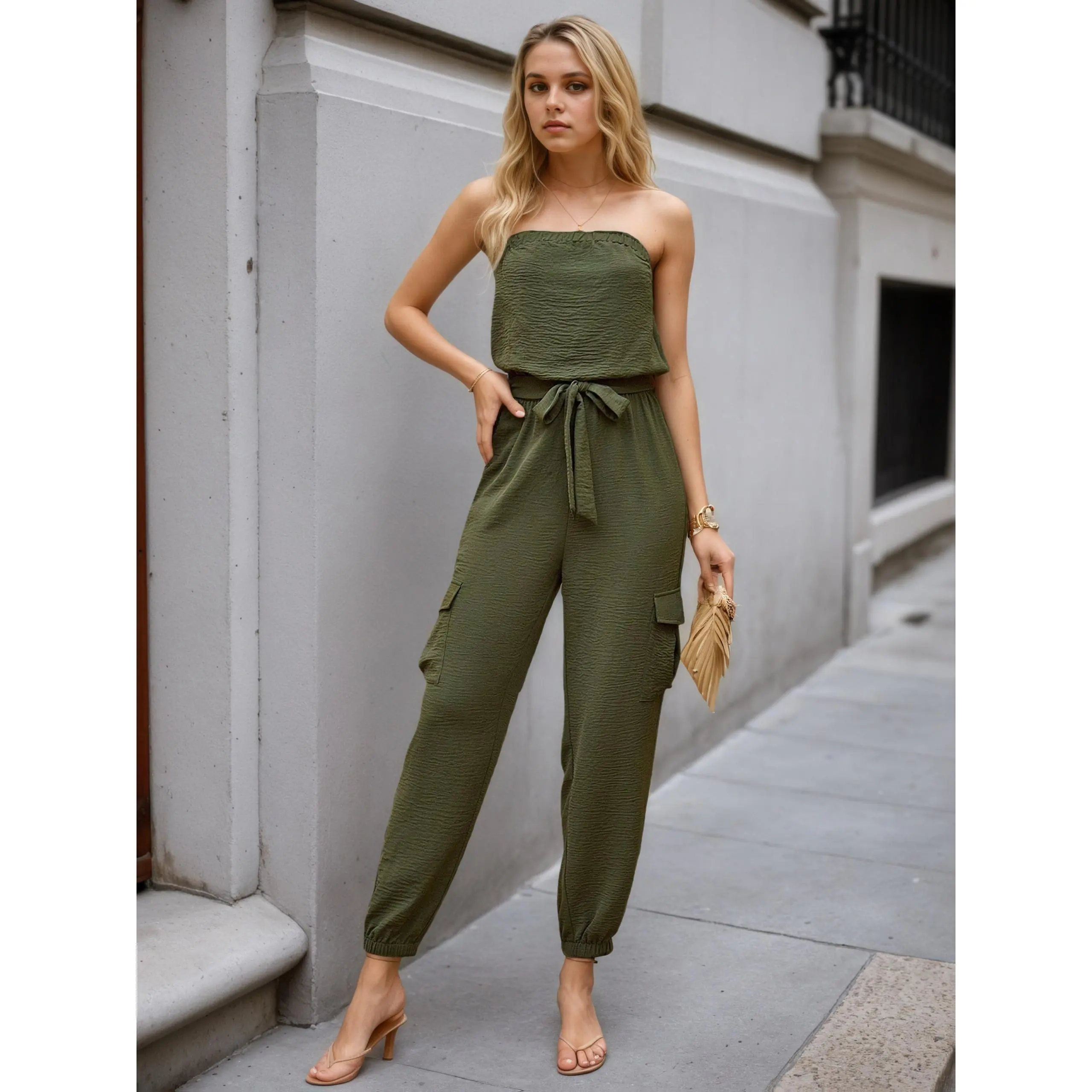 Women's Army Green Strapless Sleeveless Knit Jumpsuit - Elegant Solid High Waist, Tapered Legs, Lace-Up Tie Detail, Polyester Fabric, All Seasons, Machine Washable, Dry Clean Compatible Overalls