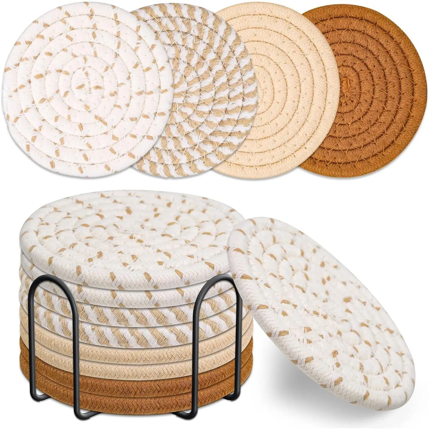 Handmade 8-Count Modern Cotton Woven Absorbent Drink Coaster Set, 4.3 inches, 4 Colors, with Storage Holder, Indoor Home Decor Tabletop Cup Protection (NO.2)