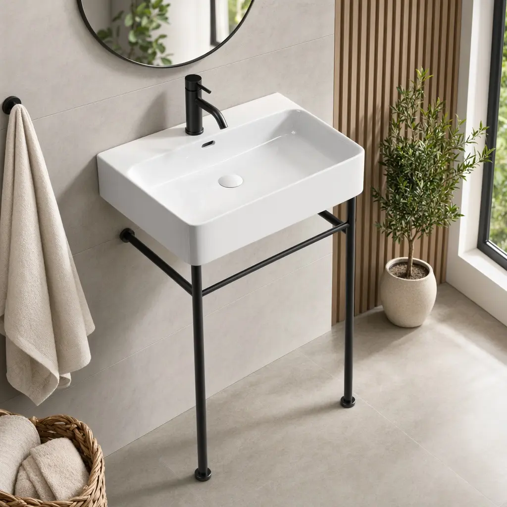 ARCH Freestanding/Wall-Mounted Rectangle Ceramic Bathroom Console Sink (24" L x 16.5" W x 34.65" H, 39.70 lb) - Gloss White Basin, Stainless Steel Pedestal Legs, Open-Frame Space-Saving, Assembly Required for Small Bathrooms, Powder Rooms