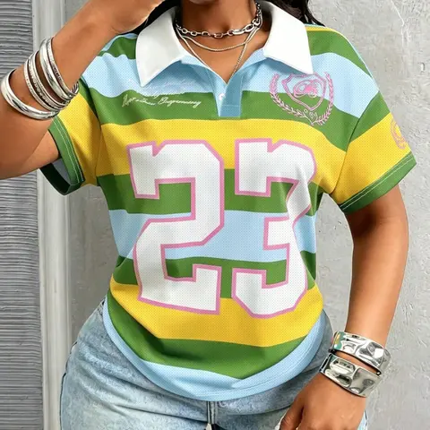 American Striped Number 23 Collared Polo Shirt, Y2K Style Breathable Mesh Short Sleeve, Loose Fit, Multi-Color Casual Wear for All Seasons, Tops