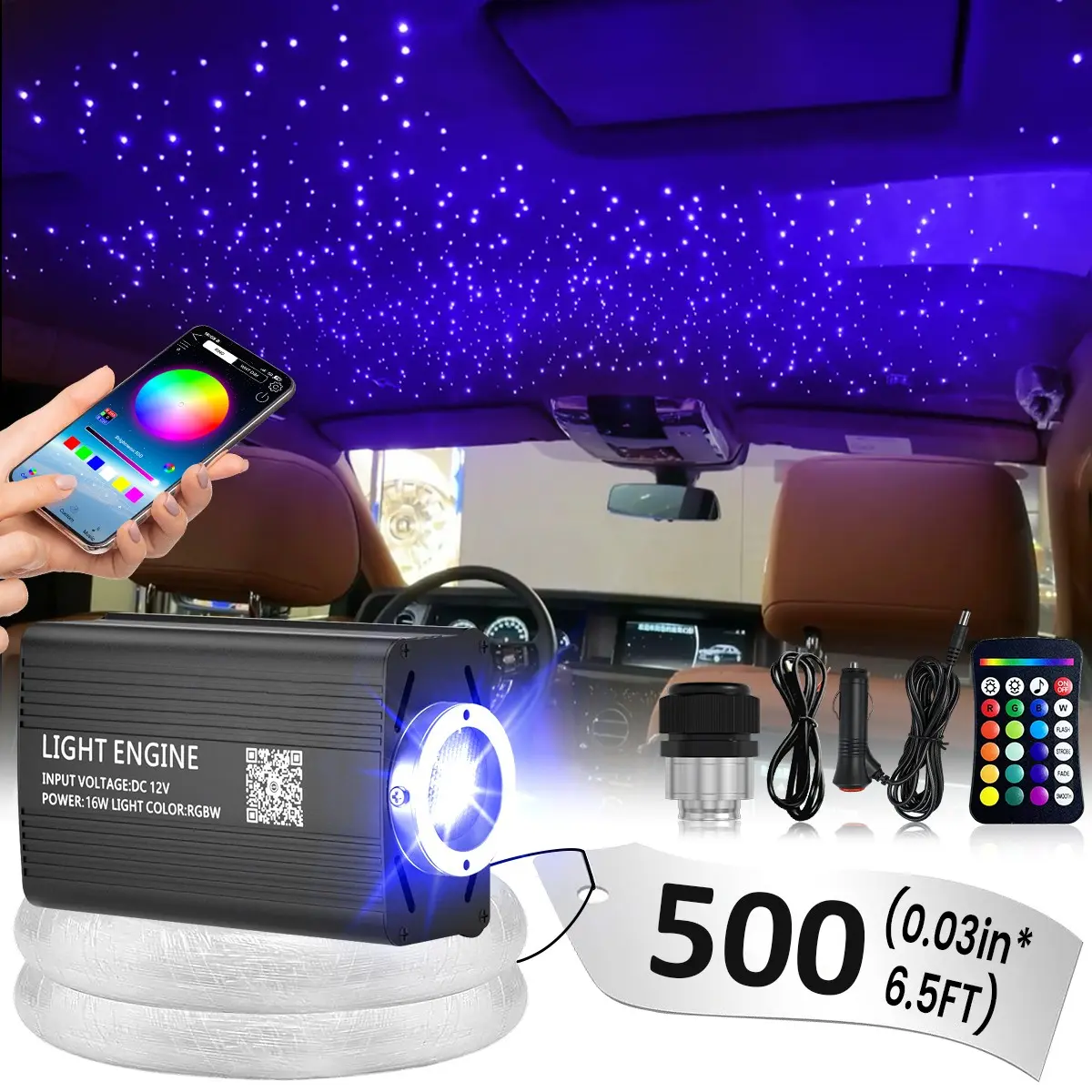 500PCS 2M Adjustable Aluminum Fiber Optic Starlight Headliner Kit, RGB Color Changing Mixing Car Roof Lamp, APP Control Interior Decor Light for Truck, SUV
