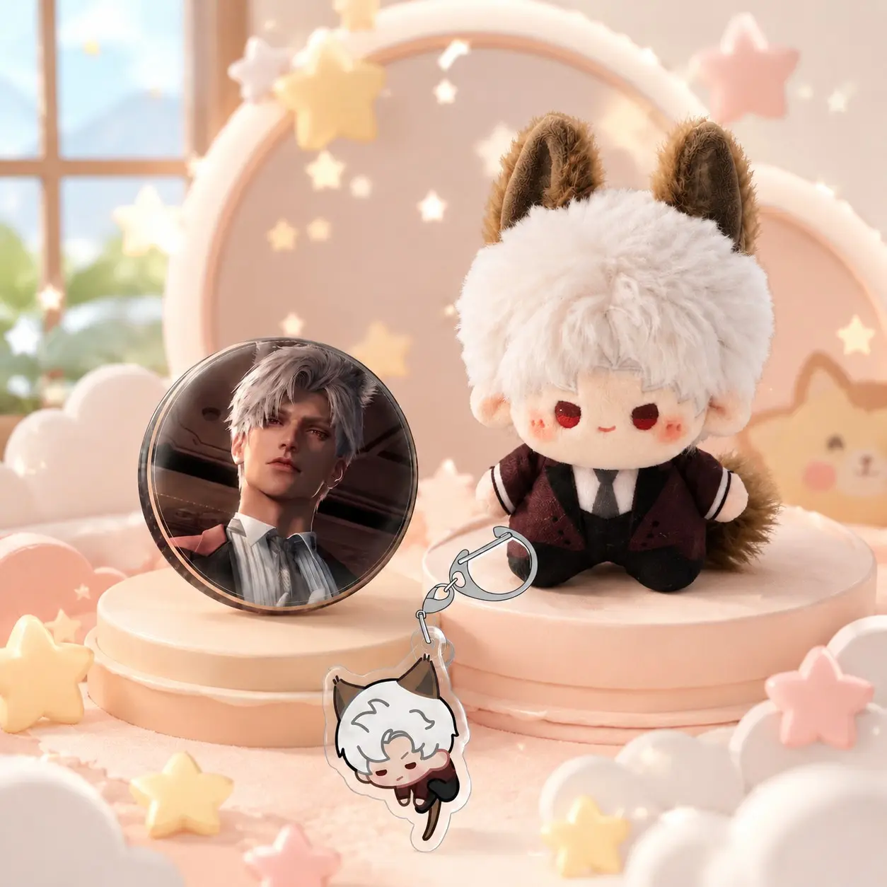 Love and deepspace plush doll three-piece set, Sylus/Zayne/Rafayel restored character, includes plush toy, keychain, badge, Keychain Accessory, suitable for backpack accessories, clothing accessories, animation collections
