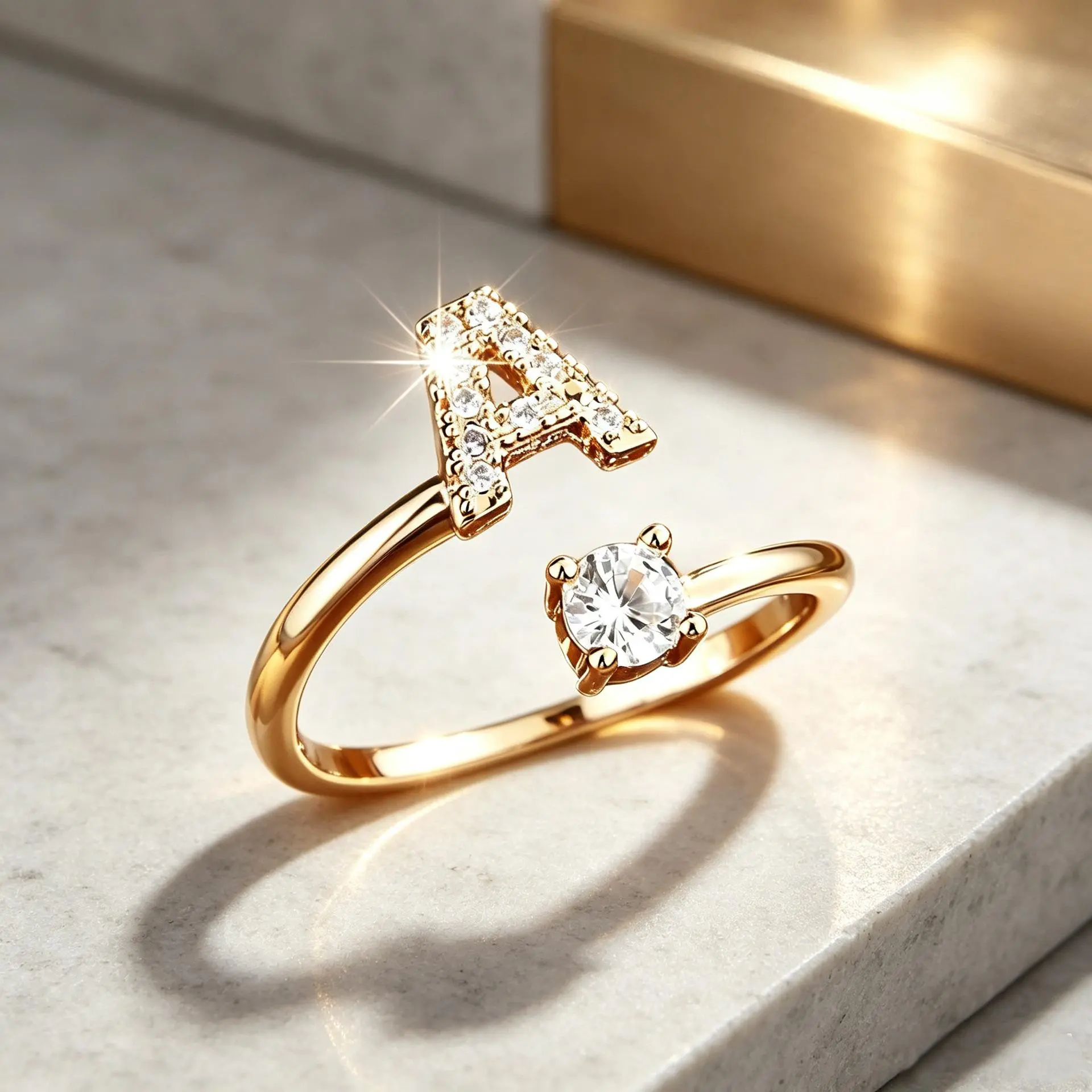 14K Gold Plated Adjustable Letter Rings, Dainty Gold Ring Inlaid Shiny Cubic Zirconia  Trendy Stuff Non Tarnish Couple Ring, Birthday Gifts CZ Initial Ring Chic Stackable Ring Festivals, Birthdays, and Special Occasions