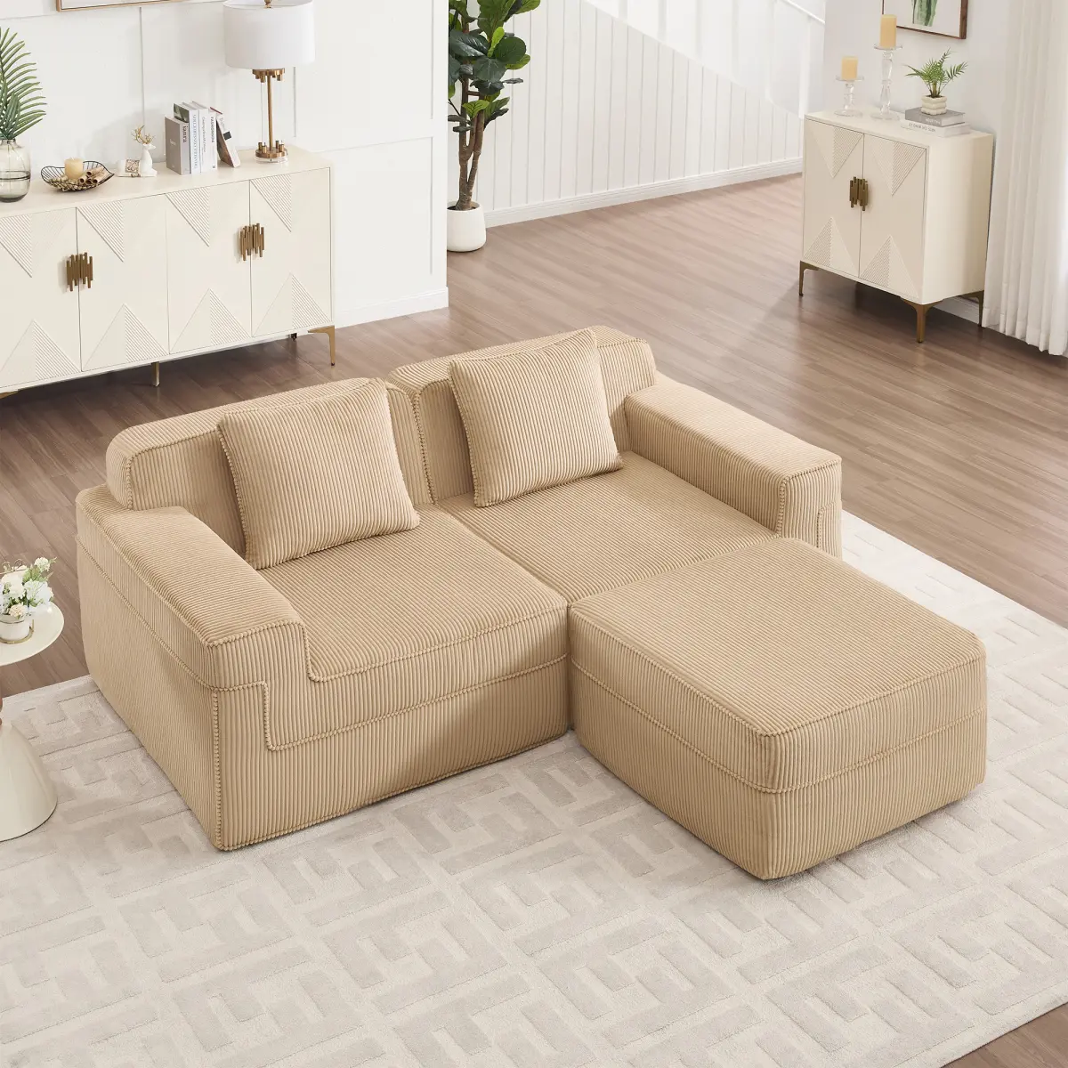 Modern Home Decor Modular 2-Seat L-Shape Boneless Cloud Sectional Sofa, Deep Seat Corduroy Couch with Throw Pillows and 1 Movable Ottoman, Camel Color Indoor Furniture